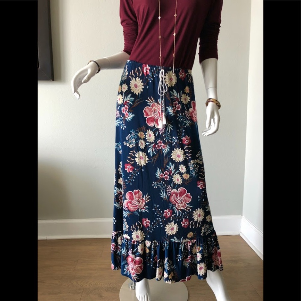 Navy Floral Long Skirt